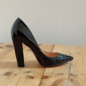 Black Patent Leather Pointed Toe Chunky Heel Pumps Size US 11 NWOT